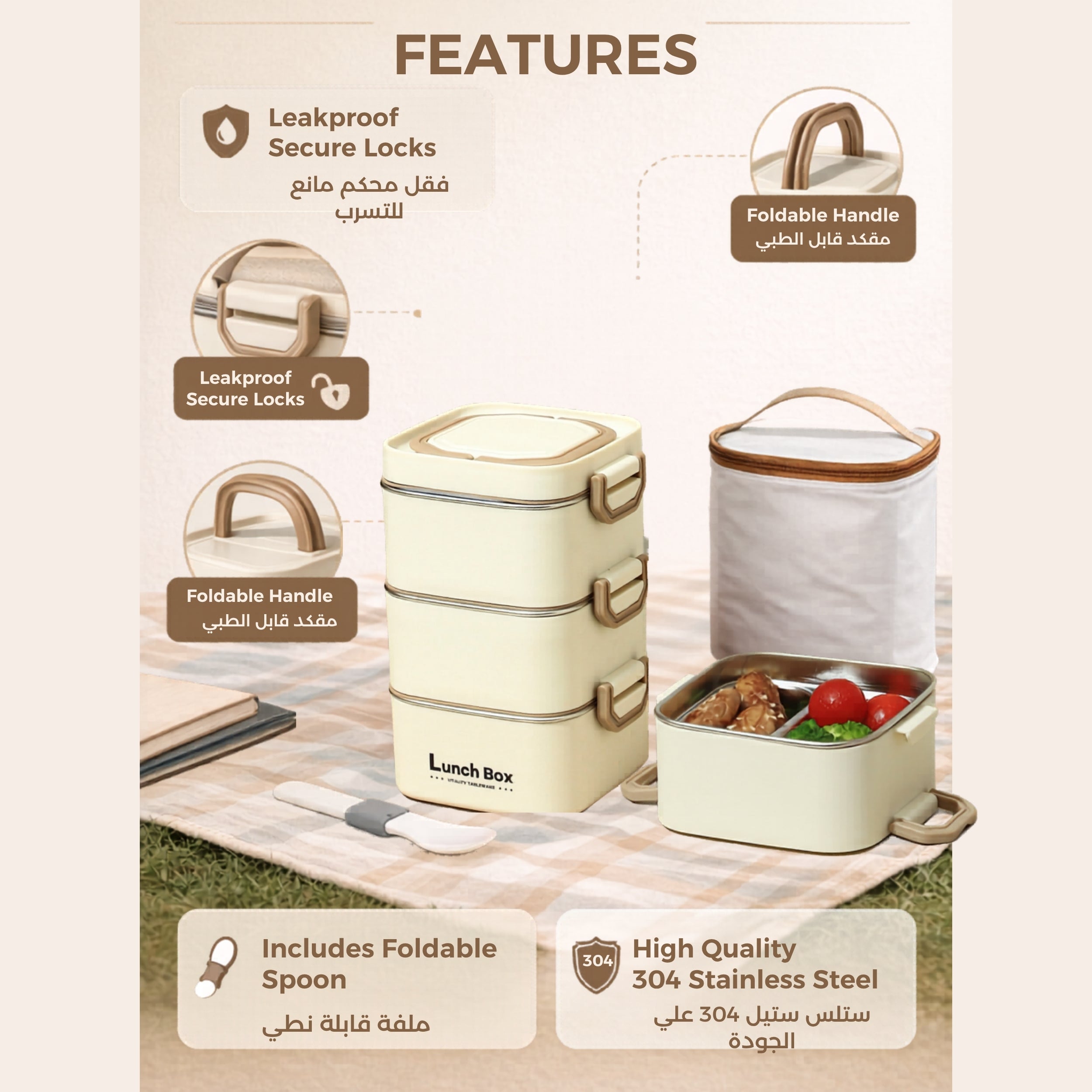 3-Layer Stainless Steel Lunch Box with Insulated Bag  for Office, Work, Picnic, Travel