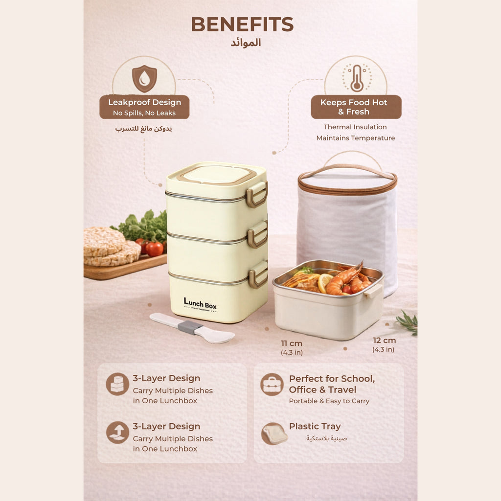 3-Layer Stainless Steel Lunch Box with Insulated Bag  for Office, Work, Picnic, Travel
