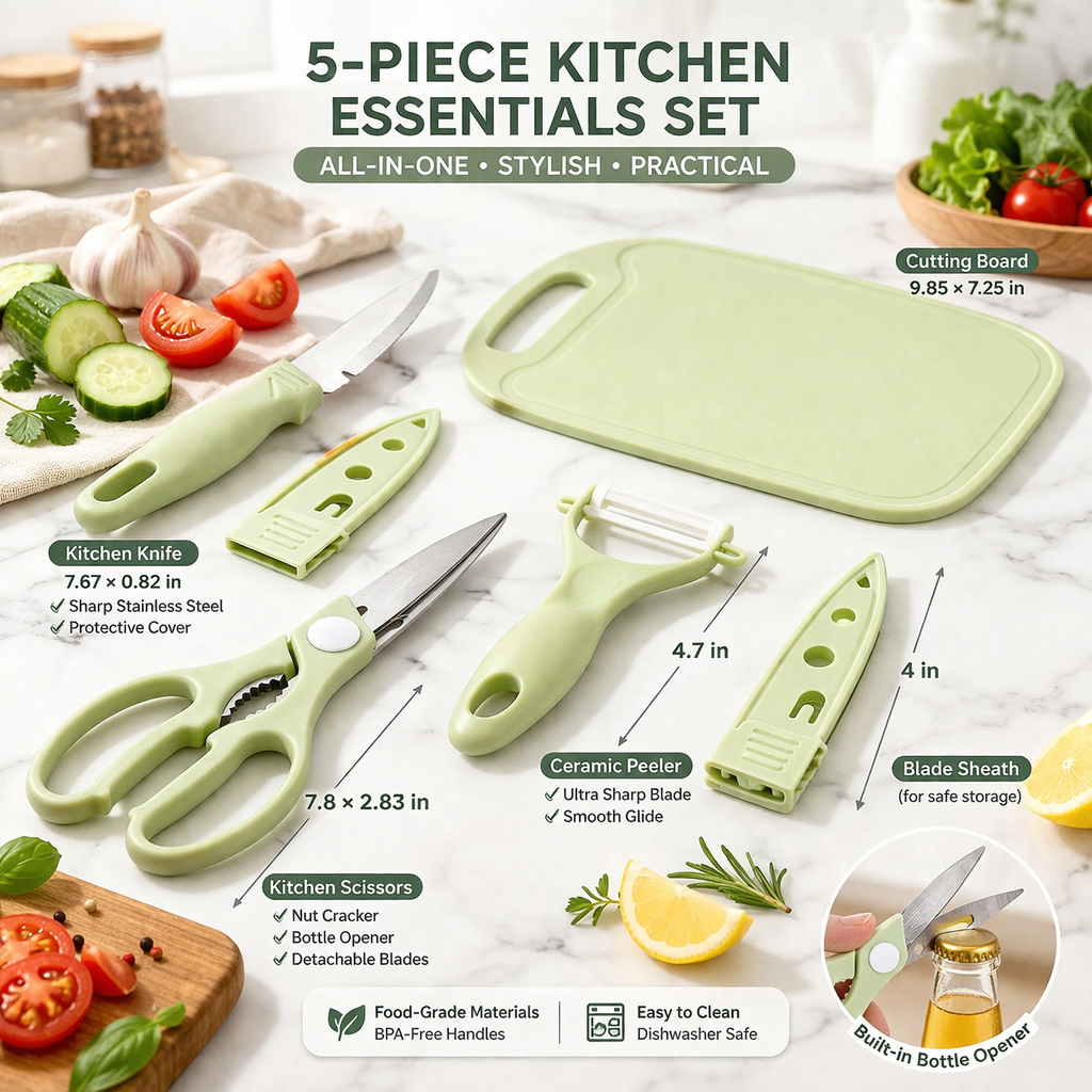 4-in-1 Travel Cutting Board Set with Knife, Peeler & Scissors for Camping, Picnic, Kitchen, Travel & Outdoor