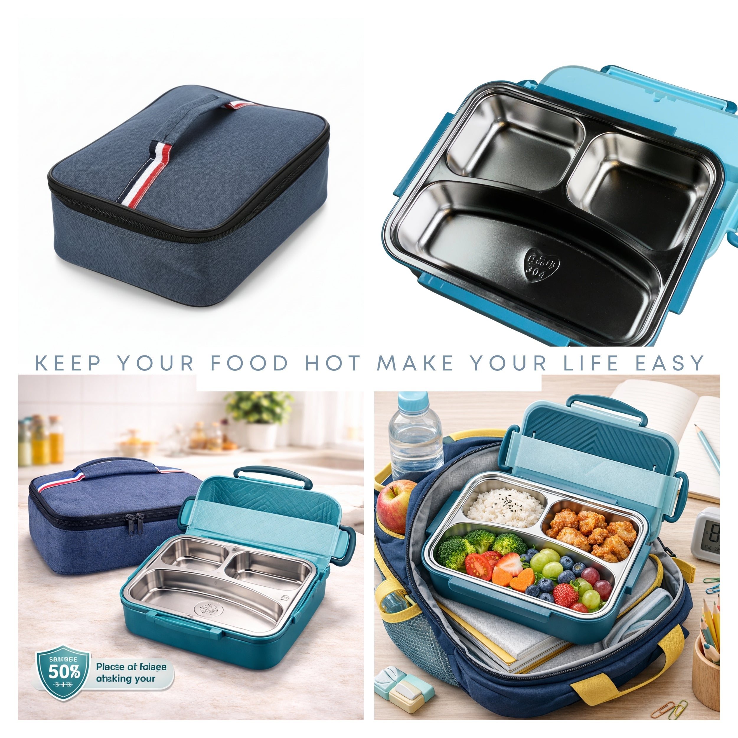 3-Compartment Lunch Box with Insulated Bag for Adults & Kids, Best Use for Office Work School & Travel