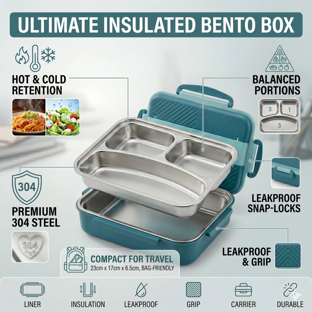 3-Compartment Lunch Box with Insulated Bag for Adults & Kids, Best Use for Office Work School & Travel