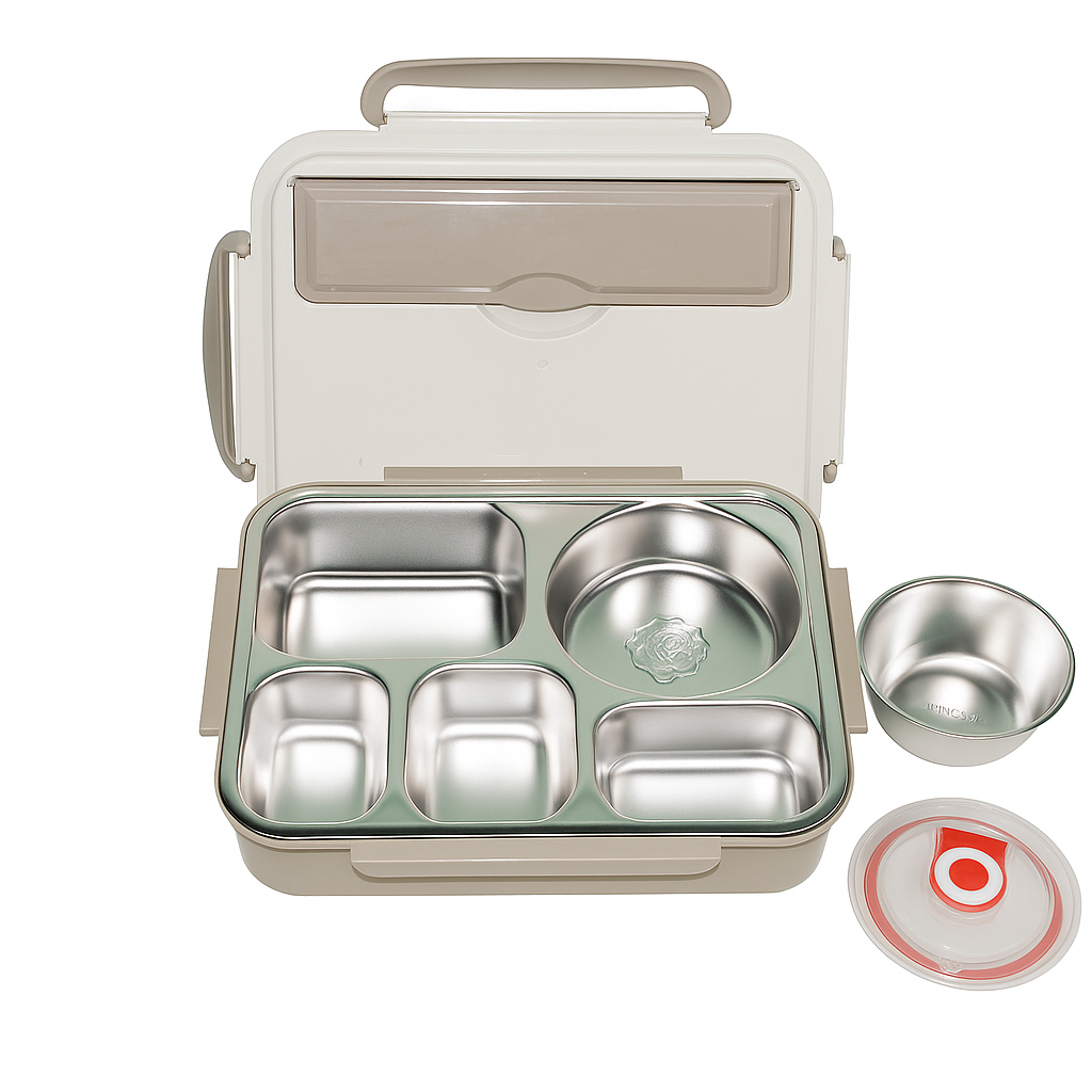 304 Stainless Steel 5 Compartment Lunch Box Chocolate Cream for Office, Gym, Work, Travel & School