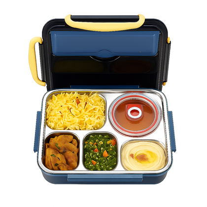 5 Compartment Stainless Steel Bento Lunch Box for School and office (Dark Green )