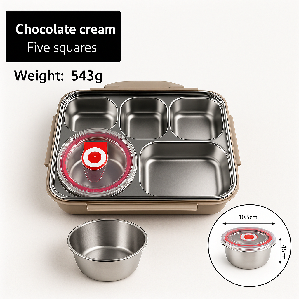 304 Stainless Steel 5 Compartment Lunch Box Chocolate Cream for Office, Gym, Work, Travel & School