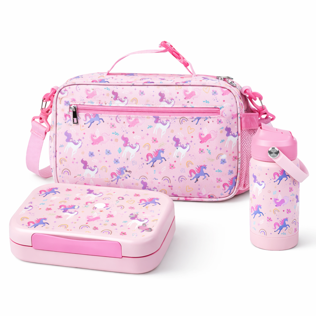 Unicorn Kids Lunch Box Set with Insulated Lunch Bag, 5-Compartment Leakproof Bento Box (1200ml) & 18oz Water Back to School Lunch