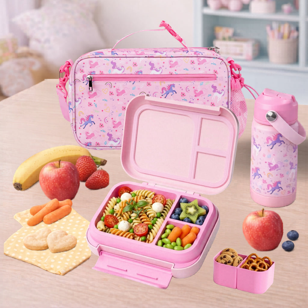 Unicorn Kids Lunch Box Set with Insulated Lunch Bag, 5-Compartment Leakproof Bento Box (1200ml) & 18oz Water Back to School Lunch