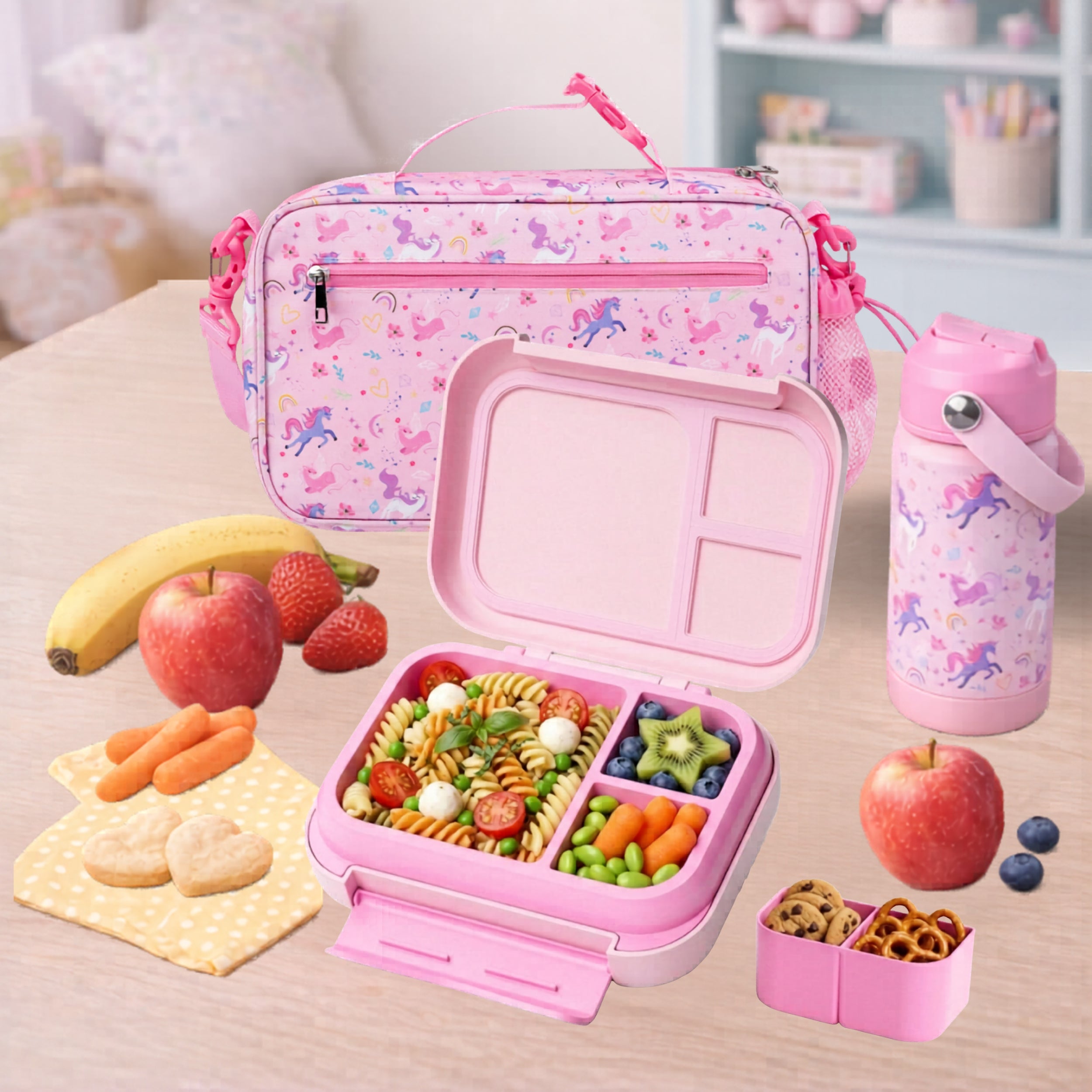 Unicorn Kids Lunch Box Set with Insulated Lunch Bag, 5-Compartment Leakproof Bento Box (1200ml) & 18oz Water Back to School Lunch