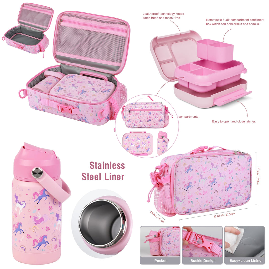 Unicorn Kids Lunch Box Set with Insulated Lunch Bag, 5-Compartment Leakproof Bento Box (1200ml) & 18oz Water Back to School Lunch