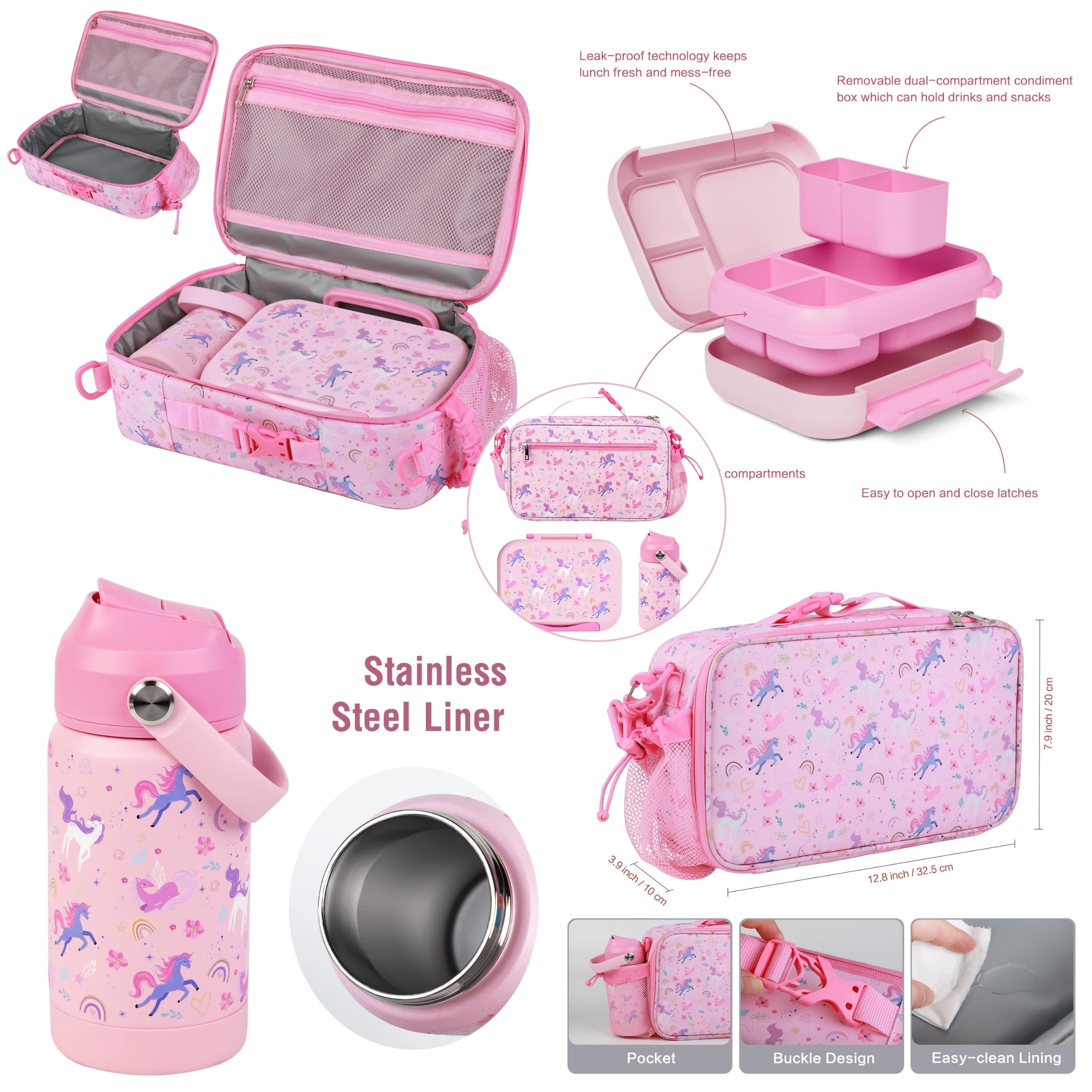 Unicorn Kids Lunch Box Set with Insulated Lunch Bag, 5-Compartment Leakproof Bento Box (1200ml) & 18oz Water Back to School Lunch