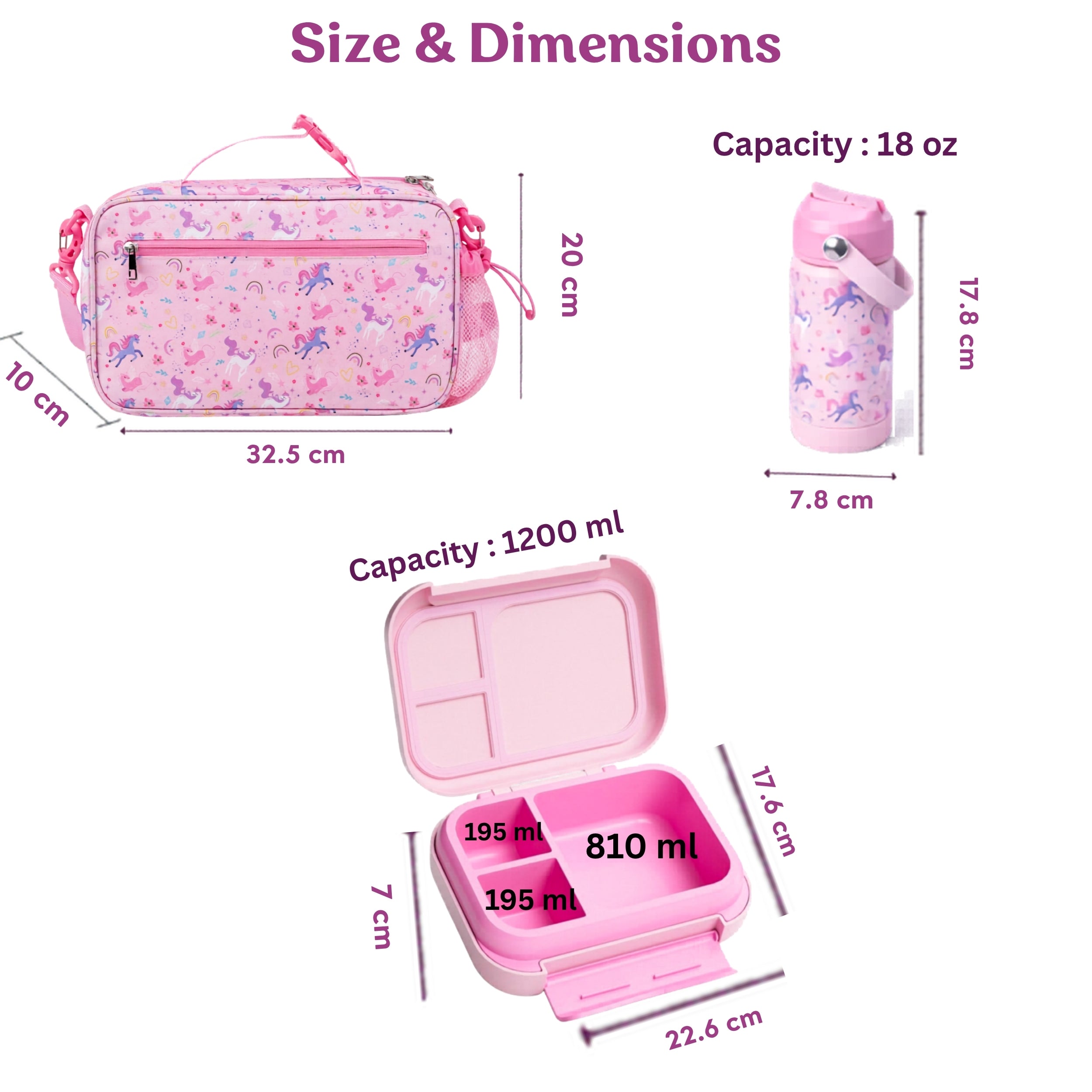 Unicorn Kids Lunch Box Set with Insulated Lunch Bag, 5-Compartment Leakproof Bento Box (1200ml) & 18oz Water Back to School Lunch