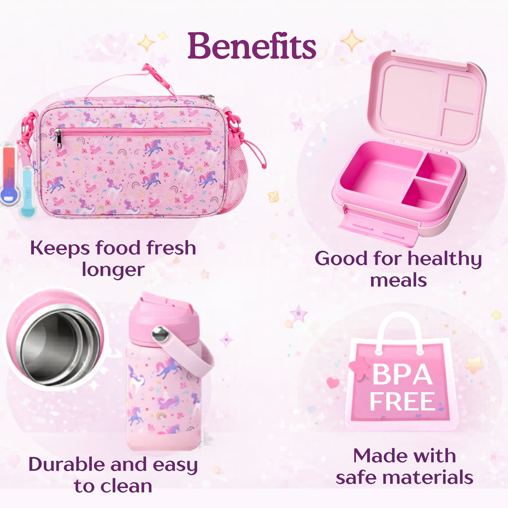Unicorn Kids Lunch Box Set with Insulated Lunch Bag, 5-Compartment Leakproof Bento Box (1200ml) & 18oz Water Back to School Lunch
