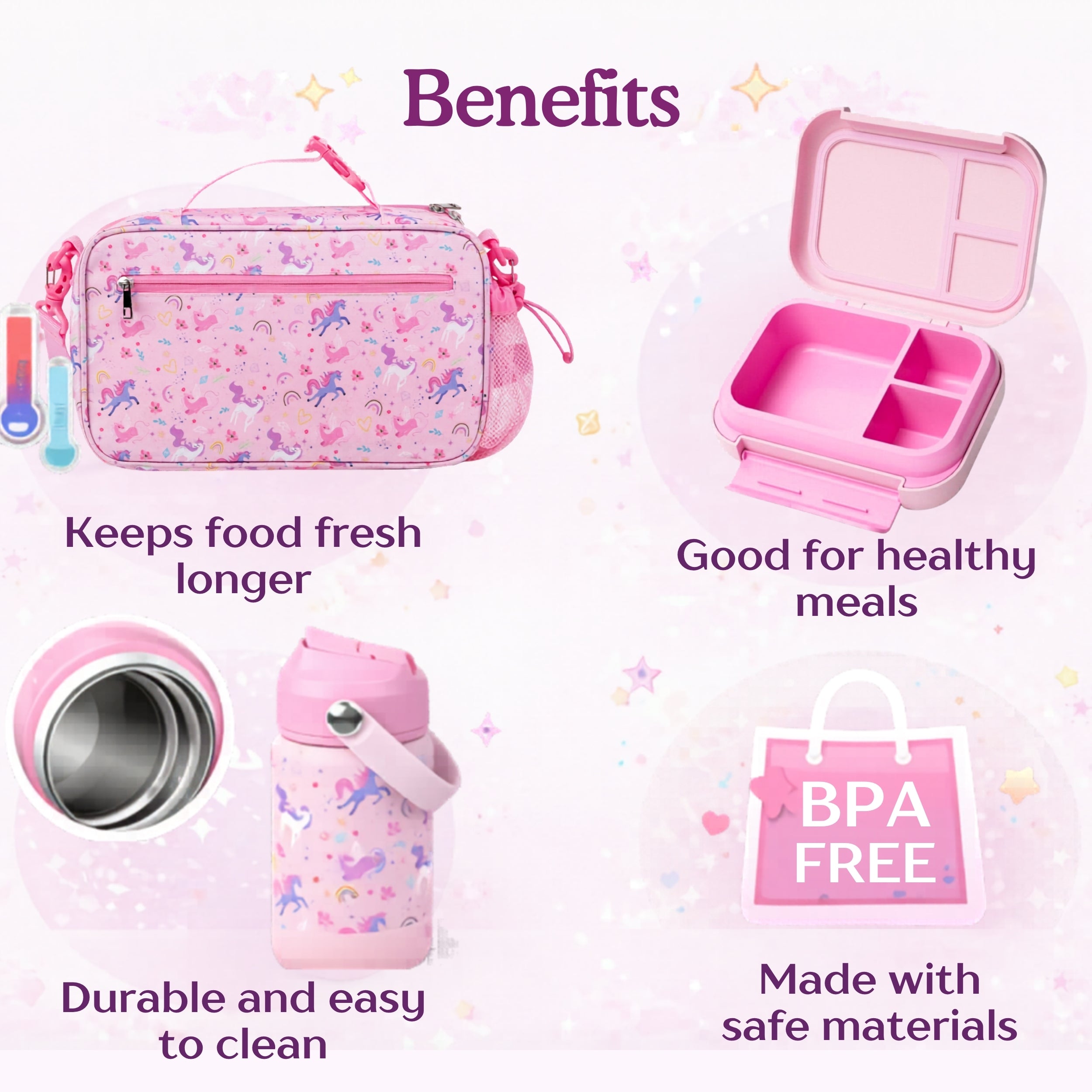 Unicorn Kids Lunch Box Set with Insulated Lunch Bag, 5-Compartment Leakproof Bento Box (1200ml) & 18oz Water Back to School Lunch