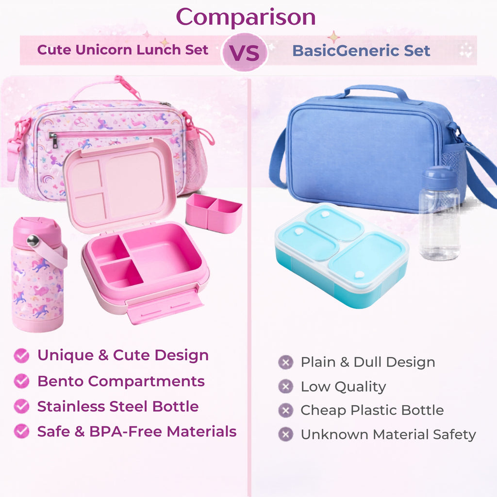 Unicorn Kids Lunch Box Set with Insulated Lunch Bag, 5-Compartment Leakproof Bento Box (1200ml) & 18oz Water Back to School Lunch