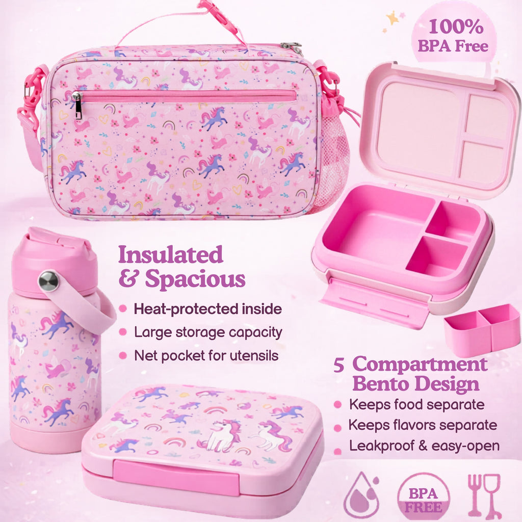Unicorn Kids Lunch Box Set with Insulated Lunch Bag, 5-Compartment Leakproof Bento Box (1200ml) & 18oz Water Back to School Lunch