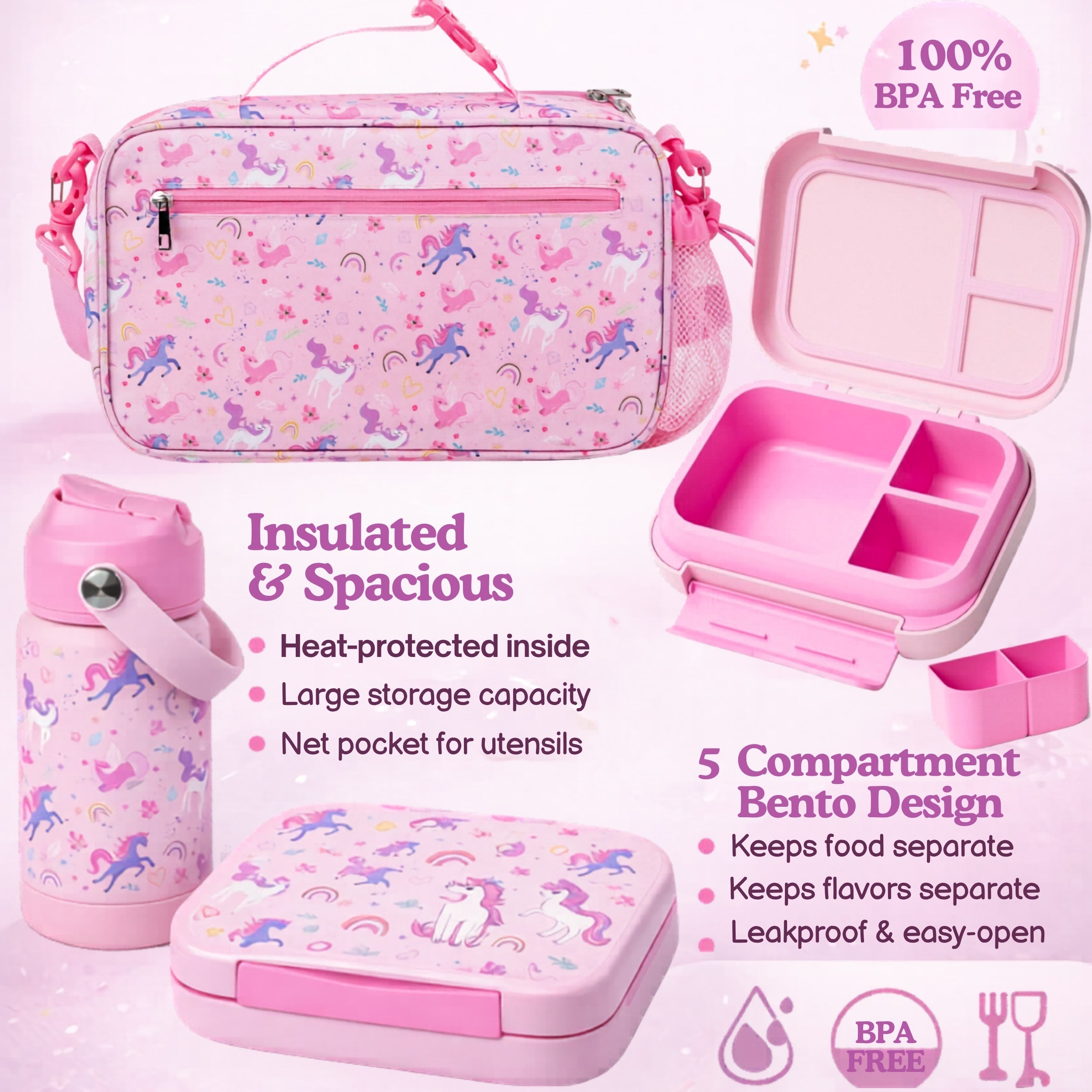 Unicorn Kids Lunch Box Set with Insulated Lunch Bag, 5-Compartment Leakproof Bento Box (1200ml) & 18oz Water Back to School Lunch